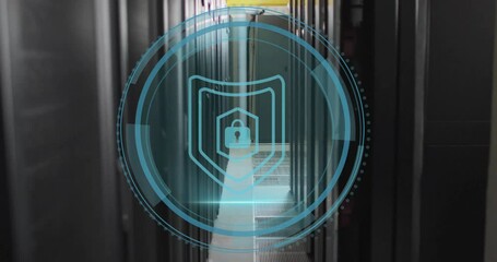 Poster - Animation of shield icon and digital data processing over computer servers