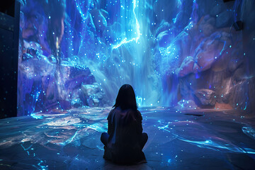 Wall Mural - a man stands in front of a large, colorful projection of a starry sky,, generative ai image,