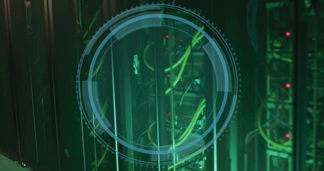 Poster - Animation of shield icon and digital data processing over computer servers
