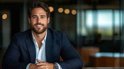 business man portrait, suited in formal business attire, standing in an office setting, arms crossed, looking determined, commercial use, office leadership, business expertise, corporate world