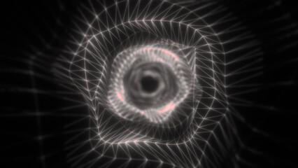 Poster - A futuristic wireframe spiral with glowing black and white edges on a dark background abstract design conveys a sense of depth, technology, and digital energy
