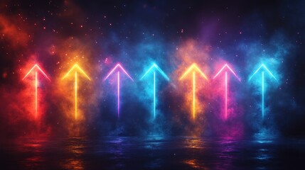 Poster - Neon Arrows in a Colorful Foggy Sky Above a Reflective Surface