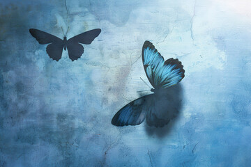 A butterfly is flying in the air, casting a shadow on the ground,