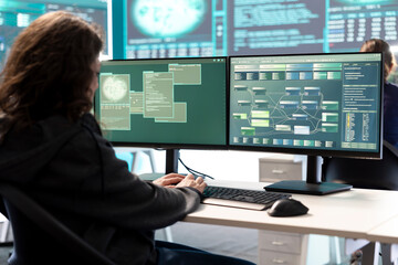 Poster - governmental hacker expert working on securing digital information, analyzes intelligence on big scr