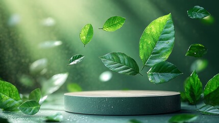 Wall Mural - Green leaves falling around a circular podium in a natural light setting.