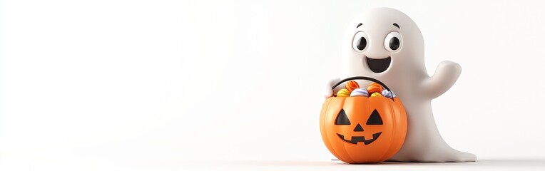 Canvas Print - A cheerful cartoon ghost holding a pumpkin bucket filled with candy for Halloween.