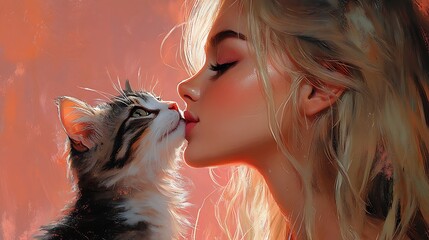 Canvas Print - A young woman with long blonde hair kisses a cute tabby cat on the nose.