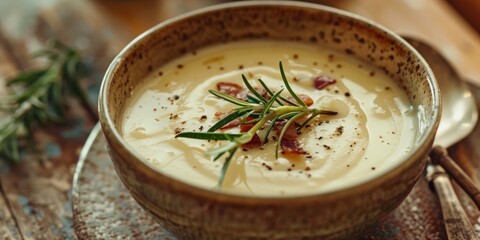 Wall Mural - Ceramic bowl of creamy celery soup garnished with bacon and rosemary on the table