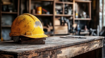 Yellow hard hat resting on a wooden workbench in a workshop