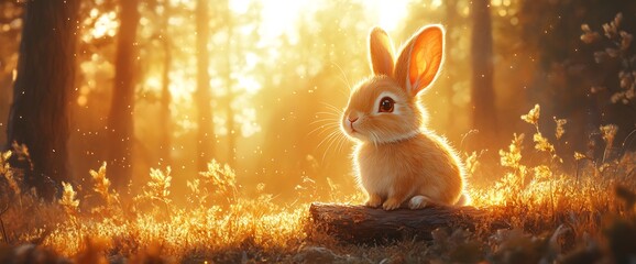 Wall Mural - adorable rabbit sitting on a log in a forest with golden light streaming through the trees.