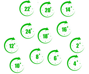 set of green clock icons showing 2, 4, 6, 8, 10, 12, 14, 16, 18, 20, 22 and 24 hours.