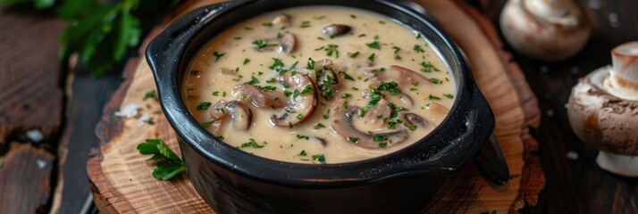 Wall Mural - Creamy Mushroom Soup in a Dark Bowl on a Wooden Surface