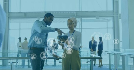 Poster - Animation of people icons and data processing over diverse business people in office