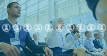 Poster - Animation of people icons and data processing over diverse business people in office