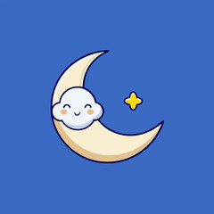 a crescent moon with a wide, friena fluffy white cartoon cloud with a gentle smile rounded shape