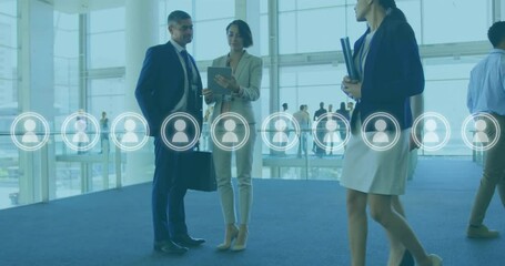 Poster - Animation of people icons and data processing over diverse business people in office