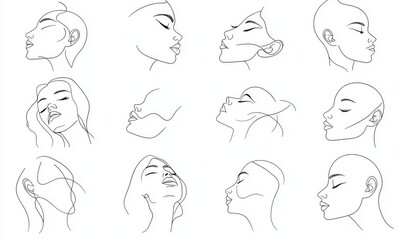 Wall Mural - A set of portraits. Simple, minimalist design of a woman's face. Line art.