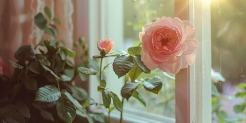 Canvas Print - Pink English Princess rose blooming next to a window