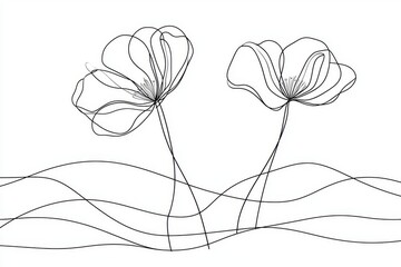 Line art drawing style of poppy flowers. Two flowers blooming among grass. Black line design isolated on white background.