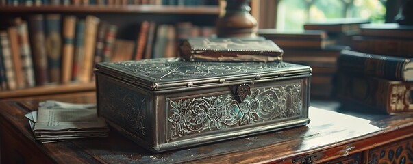 Wall Mural - An ornate metal box rests on a wooden table surrounded by books.