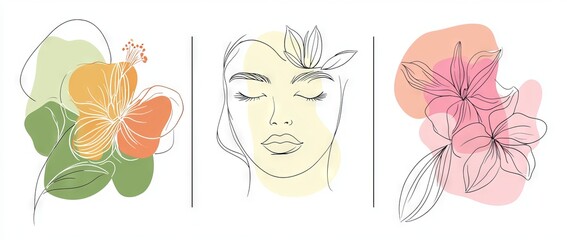 Sticker - This is a beautiful woman's face drawing in a one line art style with flowers and leaves in an elegant style suitable for stamps, tattoos, posters, textiles, cards, etc. Beautiful woman face design