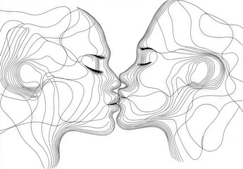 Couple kissing love and valentine concept depicted in continuous line drawing.