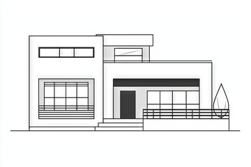 Building with multiple floors, office center or industrial building drawn in continuous line art style. Black linear sketch isolated on white background.