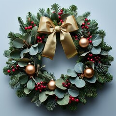 Wall Mural - Christmas Wreath with Gold Bow and Ornaments