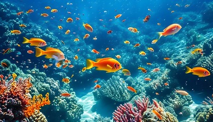 Colorful Tropical Fish Dancing Amidst Coral Reefs in a Clear Blue Ocean