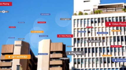 Poster - Animation of digital data processing with icons over cityscape
