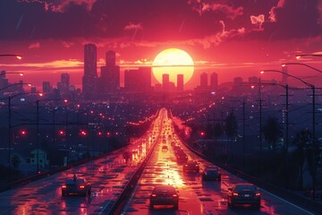 A stunning sunset over a city skyline with a highway leading into the distance.