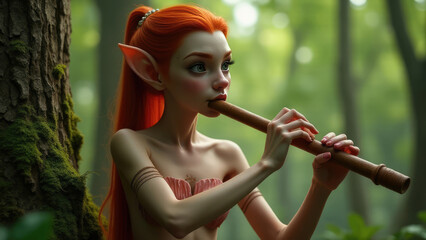 A forest elf plays a wooden flute, surrounded by lush greenery and dappled sunlight filtering through the trees. Generative AI