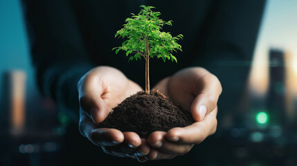 hands carefully cradling a tree growing from a zero carbon footprint icon, with a city skyline trans