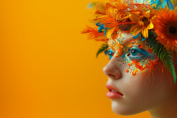 Vibrant portrait of a woman with floral and glitter makeup on a bright orange background, evoking themes of creativity and beauty. .