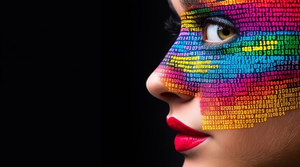 Wall Mural - A woman's face is painted with colorful numbers and letters. Concept of creativity and individuality, as the woman's face is transformed into a unique and colorful work of art. The use of numbers