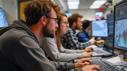 Poster - Programmers analyzing big data and developing innovative solutions in a modern office environment, showcasing the world of technology and software development