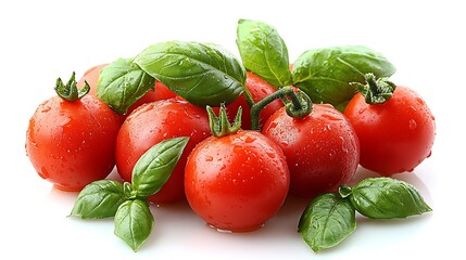 Sticker - A fresh arrangement of red tomatoes and green basil leaves.