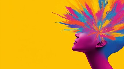 Wall Mural - A woman's head is covered in colorful paint, with a yellow background. The image is meant to convey a sense of creativity and freedom, as the woman's head is a symbol of the mind