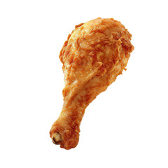 Close-up of a perfectly cooked, crispy fried chicken drumstick, isolated on a white background.