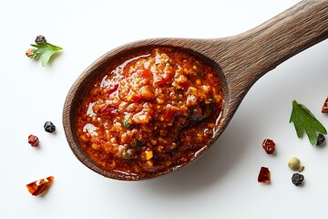 Wall Mural - Spoonful of rich spicy curry sauce placed in the center of a white background showing texture and boldness