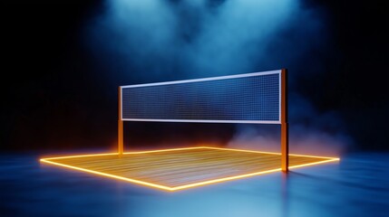 Poster - A volleyball net is lit up in a dark room. The net is surrounded by a glowing blue floor