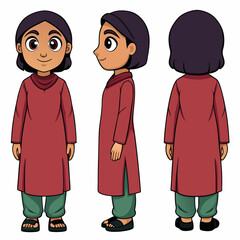 mother 2d character in t-pose, simple one color shalwar kameez, 4 poses front view, side view,