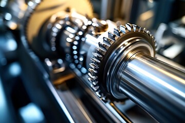 Close-up view of metal shaft rotating with gears in industrial machinery