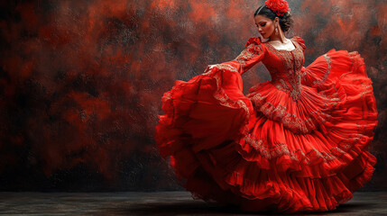 spanish woman in traditional red dress dancing flamenco on dark background, hispanic heritage, national dance, young beautiful latin american brunette girl, spain, culture, female portrait, dancer