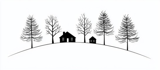 The snowy landscape of a winter village, celebration, decoration, new year holidays, christmas, house, snow, trees, a snowy landscape, frozen pond, and a frozen village is drawn in continuous line.