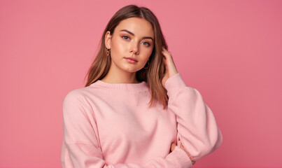 A young woman with long brown hair is posing in front of a pink background while wearing a pink sweater