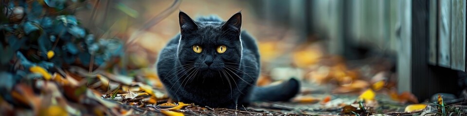 Poster - Black cat with striking yellow eyes resting outside