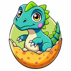 a hand drawing, cute baby dinosaur hatching from egg, on isolated background, vector illustration