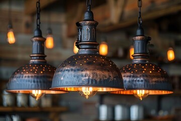 Wall Mural - Three rustic pendant lights with Edison bulbs hang from a wooden ceiling in a warm, inviting setting.