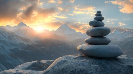 Wall Mural - Mountain Sunset Serenity Stone Balance